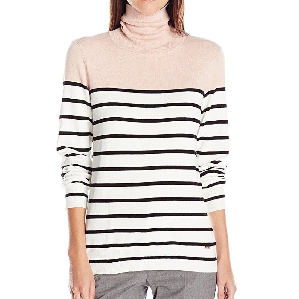 Calvin Klein | Multi Color Striped Turtleneck Sweater White Pink Black | Size L